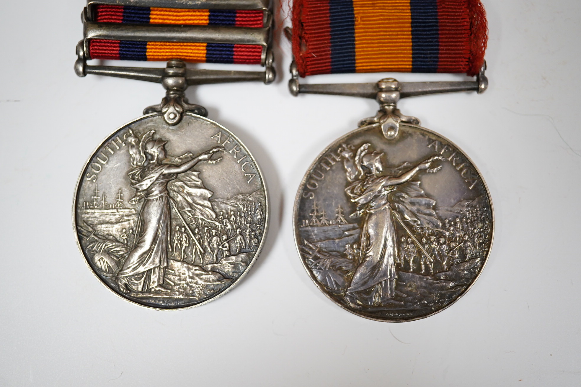 Queens South Africa Medal with 4 clasps; Dreifontein, Modder River, OFS and CC to 3033 2nd CL: Tpr:W.G.Annis. S.A.C. and another with SA1902, Paardseberg and CC clasps to 11569 Pte W.Cuff, R.A.M.C. (2)